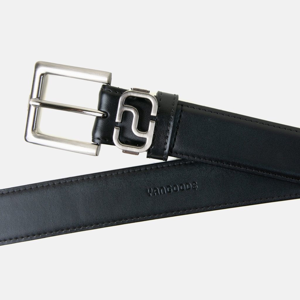 Men Monogram  Buckle Black Leather Belt