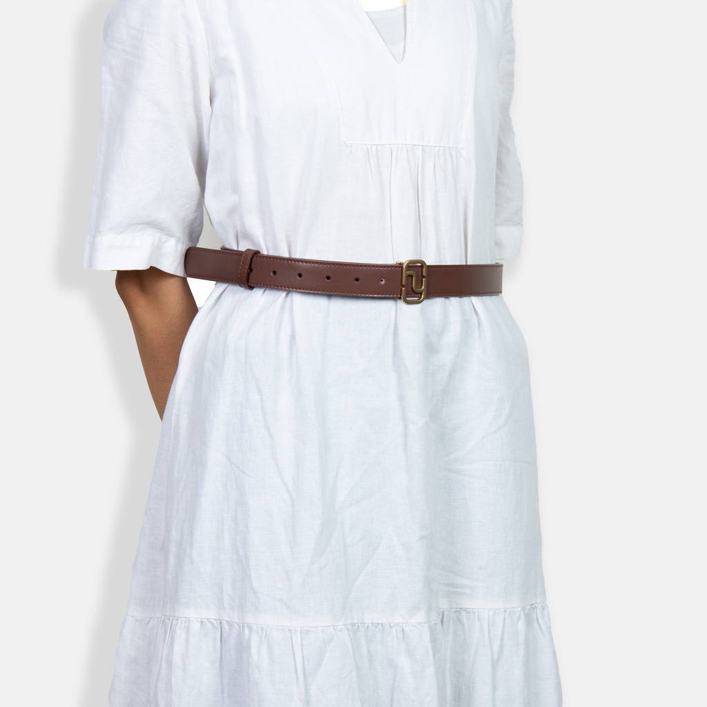Women Monogram  Buckle Saddle Brown Leather Belt