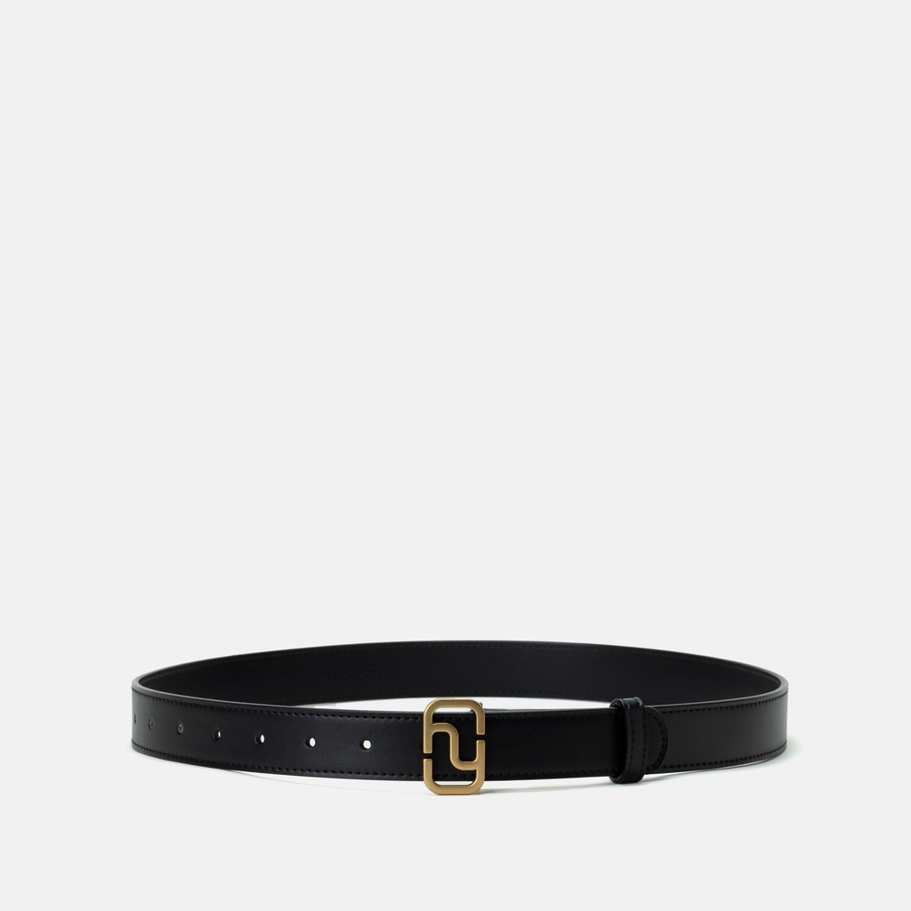 Women Monogram  Buckle Black Leather Belt