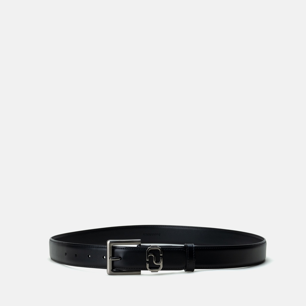 Men Monogram  Buckle Black Leather Belt